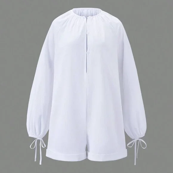 White Cute Women's Solid Color Daily Long Sleeve Romper - Picture 3 of 5
